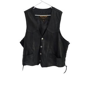 UNIK Leather Black Biker Motorcycle Vest Size 52 Buffalo Head Buttons 4 Pockets